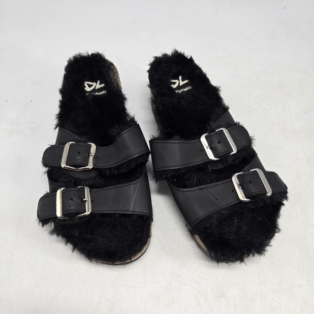 Dirty Laundry Time Out Cozy Wedge Black Faux Fur Sandal Slides EU 37 US 7